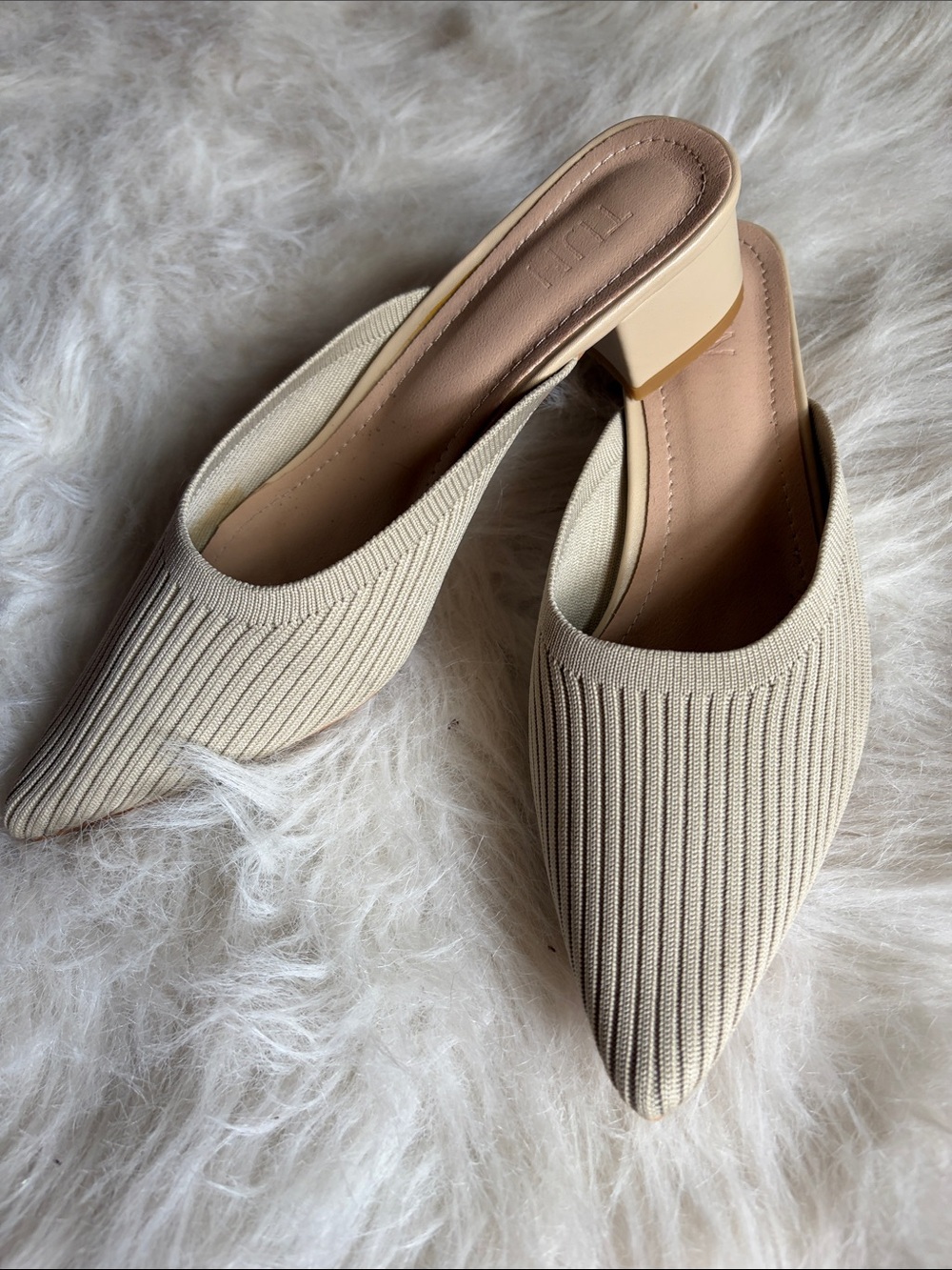 Ribbed Pointed-Toe Slingback Mules - Neutral Beige